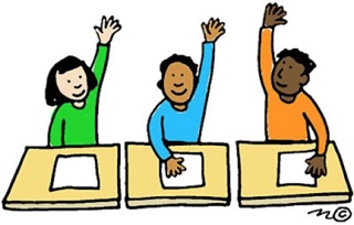 Cartoon of three students sitting at desks with raised hands asking questions.